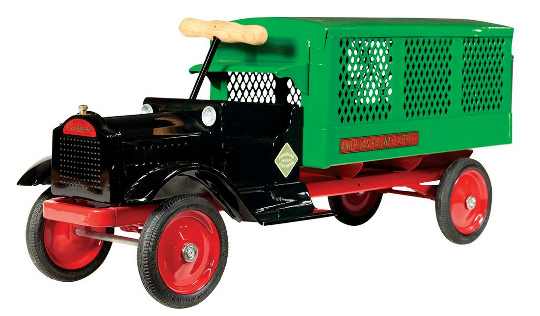 Toy Truck, Keystone Packard Railway Express Ride-Em: Toy Truck, Keystone Packard Railway Express Ride-Em Model #43, pressed steel w/diecut perforated panels, c.1932, Exc+ prof restored cond noting replacement handle unfinished & unattached, 27"L.