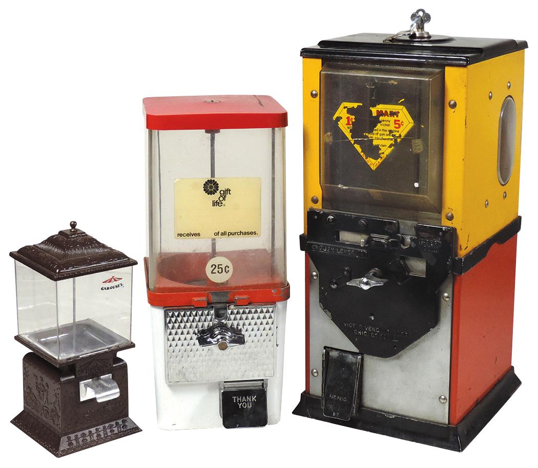 Coin-Operated Gum Vendors (3), Victor 1 & 5 Cent Super: Coin-Operated Gum Vendors (3), Victor 1 & 5 Cent Super Mart w/key, c.1950s, a 25 Cent w/key, c.1970s & a modern novelty Carousel non-coin, 1st 2 in Good working cond w/wear & use, largest 18"H x 9"Sq.