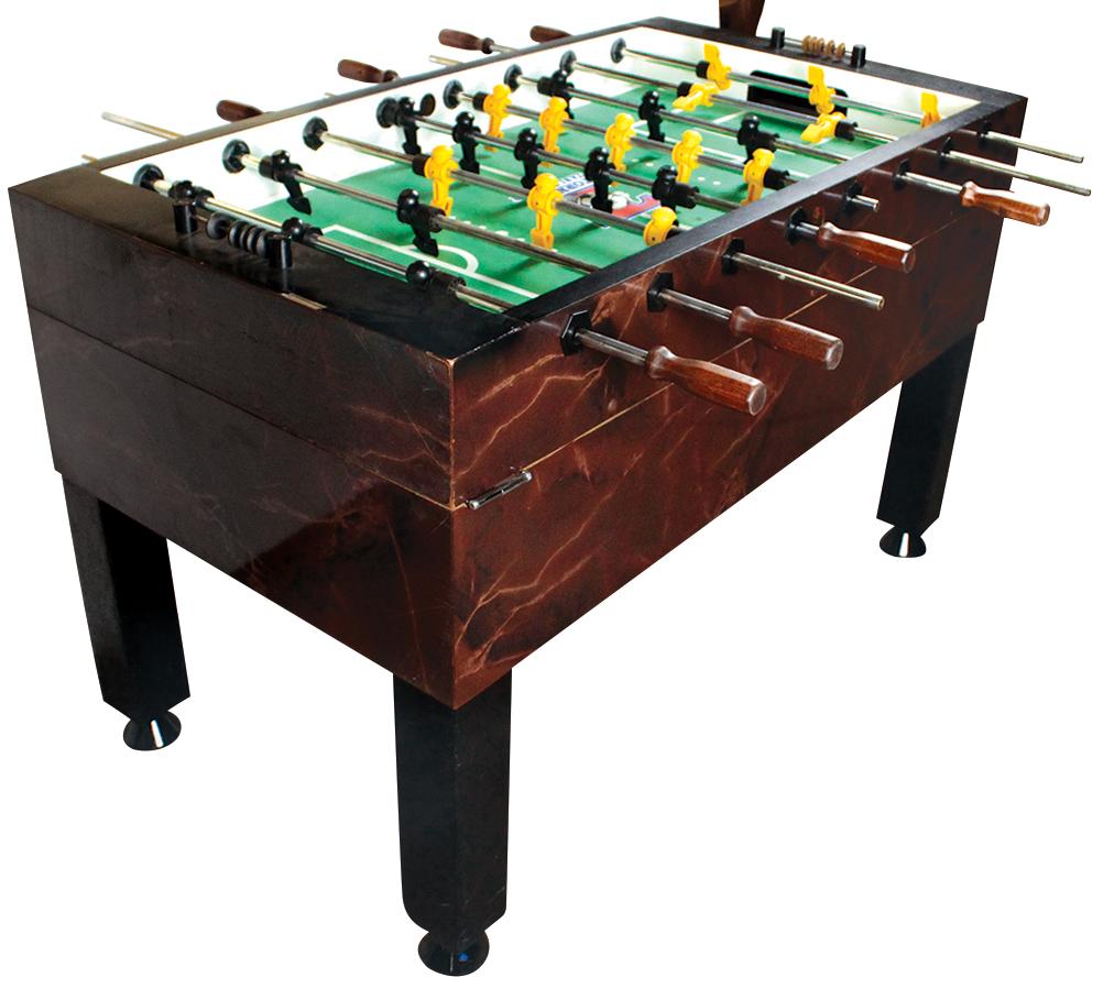 Coin-Operated Tornado Foosball Table Soccer, wood grain: Coin-Operated Tornado Foosball Table Soccer, wood grain laminate case on four legs w/action rods, C.E. McCloud-inventor, c.1990, ser# 206898, VG cond w/some wear & edge losses, 36"H x 56"W x 30"D (exc