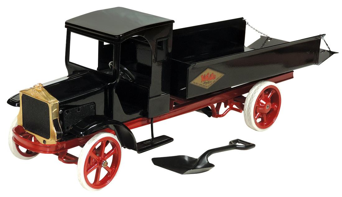 Toy Truck, Big Boy White Dump Truck, pressed steel: Toy Truck, Big Boy White Dump Truck, pressed steel w/mechanical scissor lift, mfgd by Kelmet for J. C. Penney, c.1920s, Exc+ prof restored cond w/later product display, 25.5"L.
