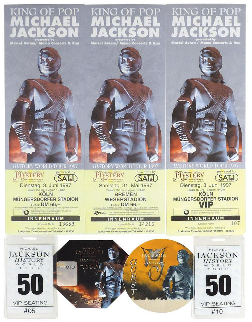 Michael Jackson "History" Tour Tickets & Passes (7),: Michael Jackson "History" Tour Tickets & Passes (7), three unused tickets-two 3/6/97 Cologne, Germany & one 31/6/97 Bremen, Germany, two laminated VIP seating passes, blank "All Access" & "Guest", Exc