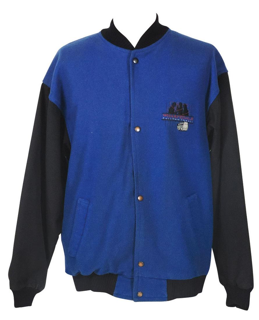 Michael Jackson "Wharfedale" Crew Jacket, brushed blue: Michael Jackson "Wharfedale" Crew Jacket, brushed blue wool & fabric sleeves, embroidered "Wharfedale Pullman Travel" logo on left breast & "Wharfedale on Tour with Michael Jackson" emblazoned on vers