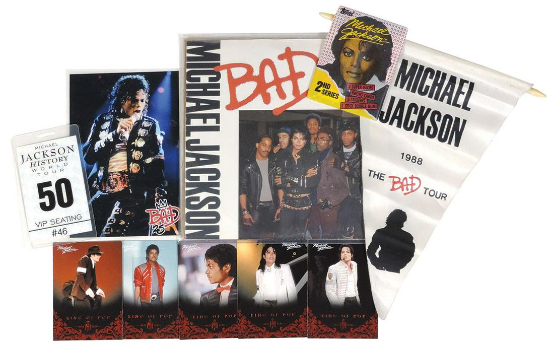 Michael Jackson Ephemera (9), "BAD" vinyl 45 promo: Michael Jackson Ephemera (9), "BAD" vinyl 45 promo record w/sleeve-Epic label 1987 MJJ Productions, "Jackson History World Tour 50" laminated VIP seating pass for the Dangerous tour, white printed ray