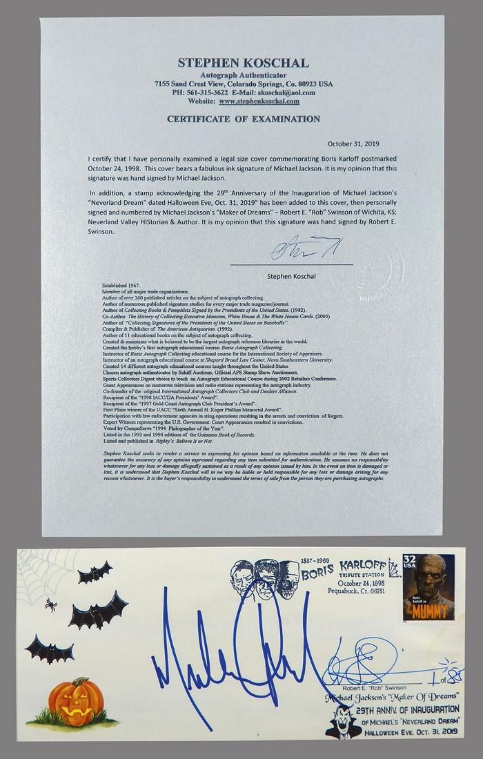 Michael Jackson Personally Signed Tribute Cover, boldly: Michael Jackson Personally Signed Tribute Cover, boldly signed in blue marker pen "Michael Jackson" on a white commercial flap envelope w/Jack O'Lantern & bats printed cachet & a 29th Anniv. of Inaugu