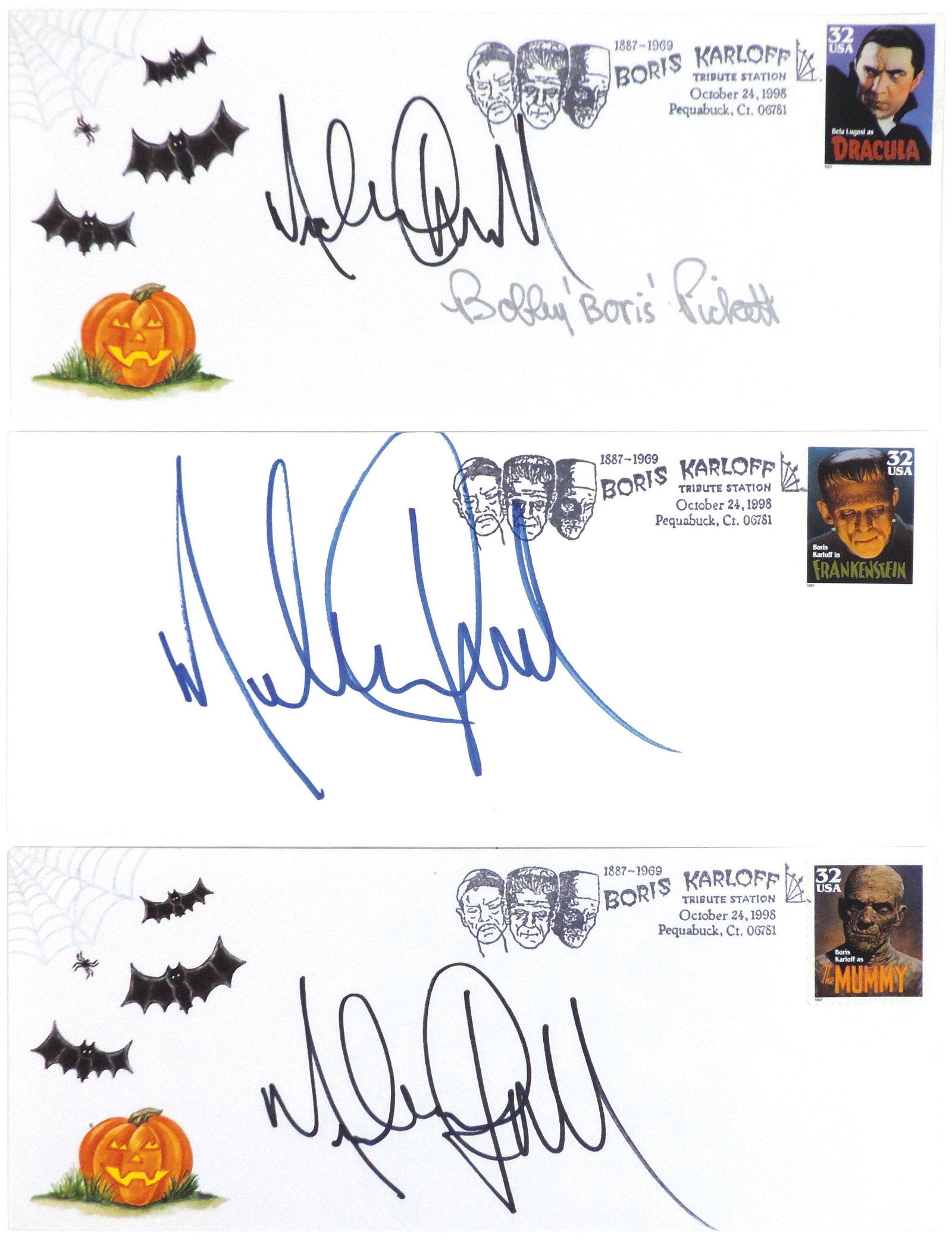 Michael Jackson Personally Signed Tribute Covers (3).: Michael Jackson Personally Signed Tribute Covers (3). Each prominently signed in black or blue marker pen "Michael Jackson" on a white commercial flap envelope, two w/Jack- o-Lantern & bats printed ca