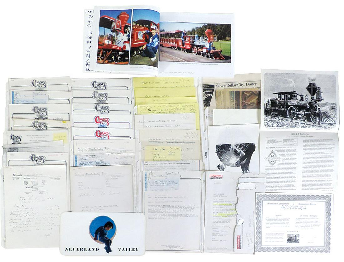 Michael Jackson Signed Neverland Valley Amusement Park: Michael Jackson Signed Neverland Valley Amusement Park Contract & Related Material (30+ pcs). The orig Chance Rides signed contract for the Neverland Valley Park "C.P. Huntington" Miniature Train Ride