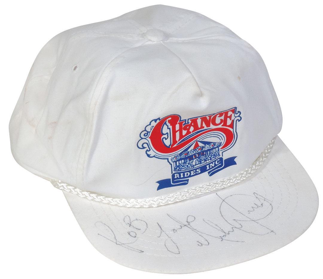 Michael Jackson Inscribed & Autographed Sports Cap,: Michael Jackson Inscribed & Autographed Sports Cap, white cotton blend advertising cap printed w/Chance Rides Inc., logo inscribed & signed on bill "Rob Love Michael Jackson", autographed & given to R