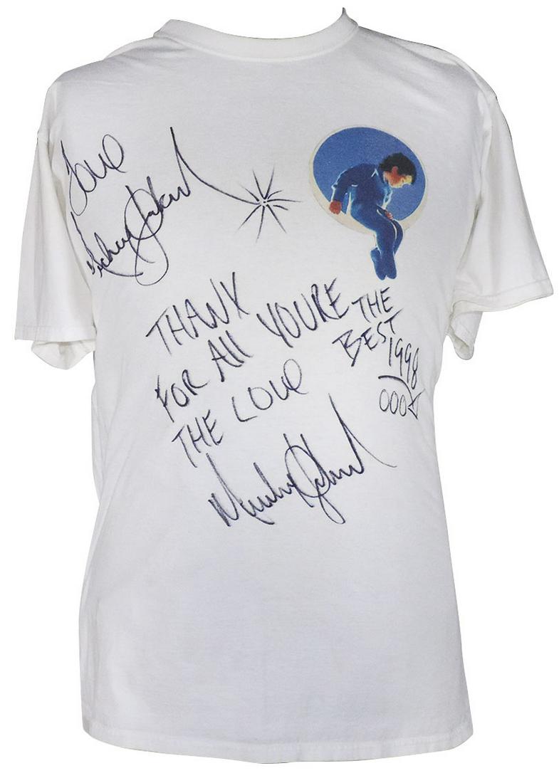 Michael Jackson Personally Worn & Inscribed T-Shirt,: Michael Jackson Personally Worn & Inscribed T-Shirt, white cotton-blend crew-neck shirt w/Neverland Ranch logo, prominently signed w/black marker pen "Love Michael Jackson" & additionally inscribed & 
