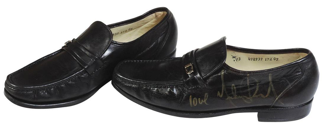 Michael Jackson Personally Worn "Victory Tour" Loafers,: Michael Jackson Personally Worn "Victory Tour" Loafers, Florsheim Imperial black leather loafers, left loafer signed in gilt marker pen "To David" on the waist & "love Michael" on the quarter, right l