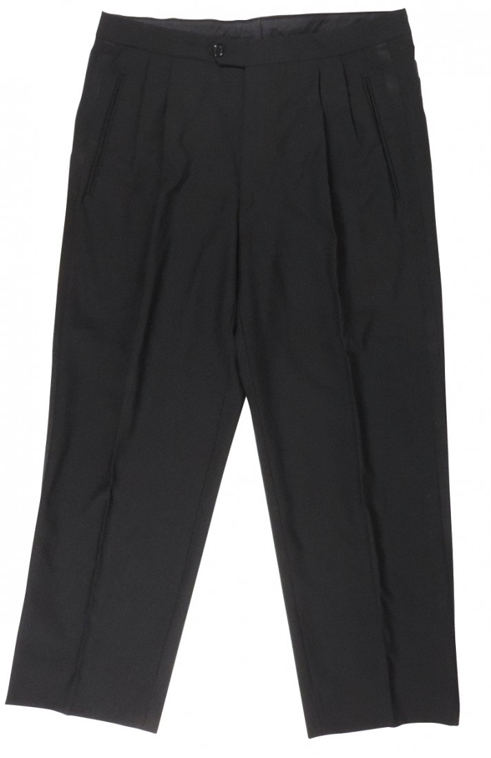 Michael Jackson Owned & Stage Worn Trousers, black wool: Michael Jackson Owned & Stage Worn Trousers, black wool tuxedo-style beltless pants w/black satin stripes, unlabeled, lot is accompanied by a letter of provenance from Selena Williams stating that the