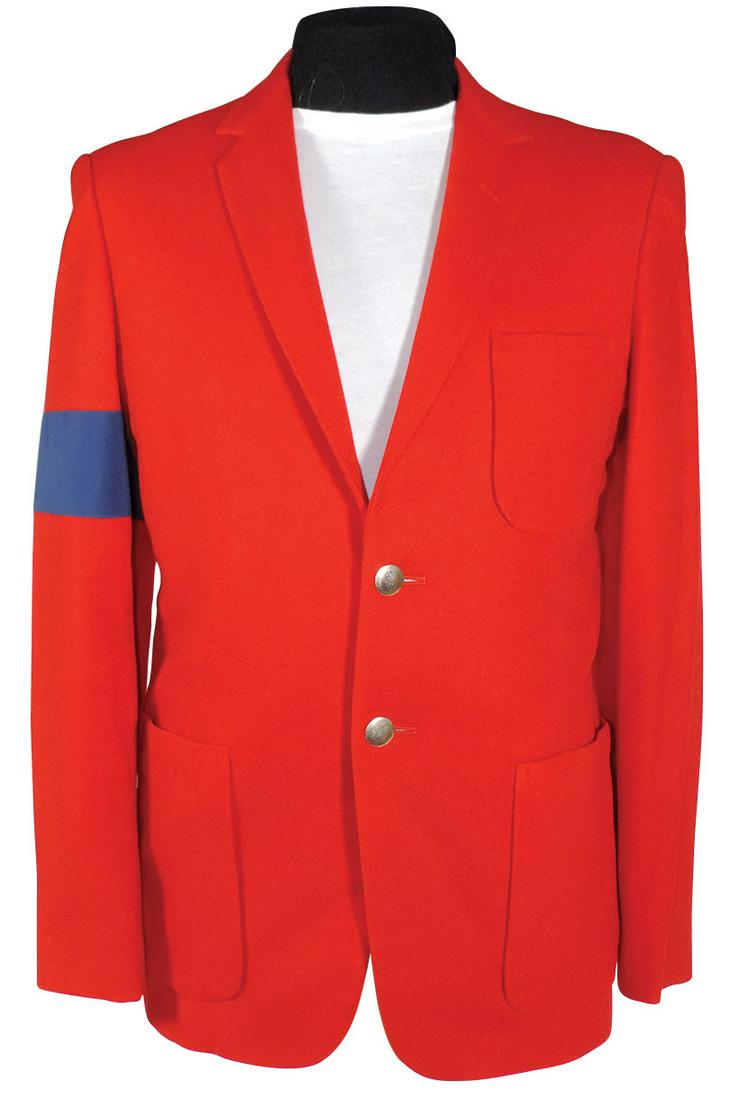 Michael Jackson Personally Owned & Worn Blazer, BAD Era: Michael Jackson Personally Owned & Worn Blazer, BAD Era late 1980s, brushed red wool blend w/Aegean blue right shoulder armband & designer's label stitched above inside left breast pocket, Exc cond w/