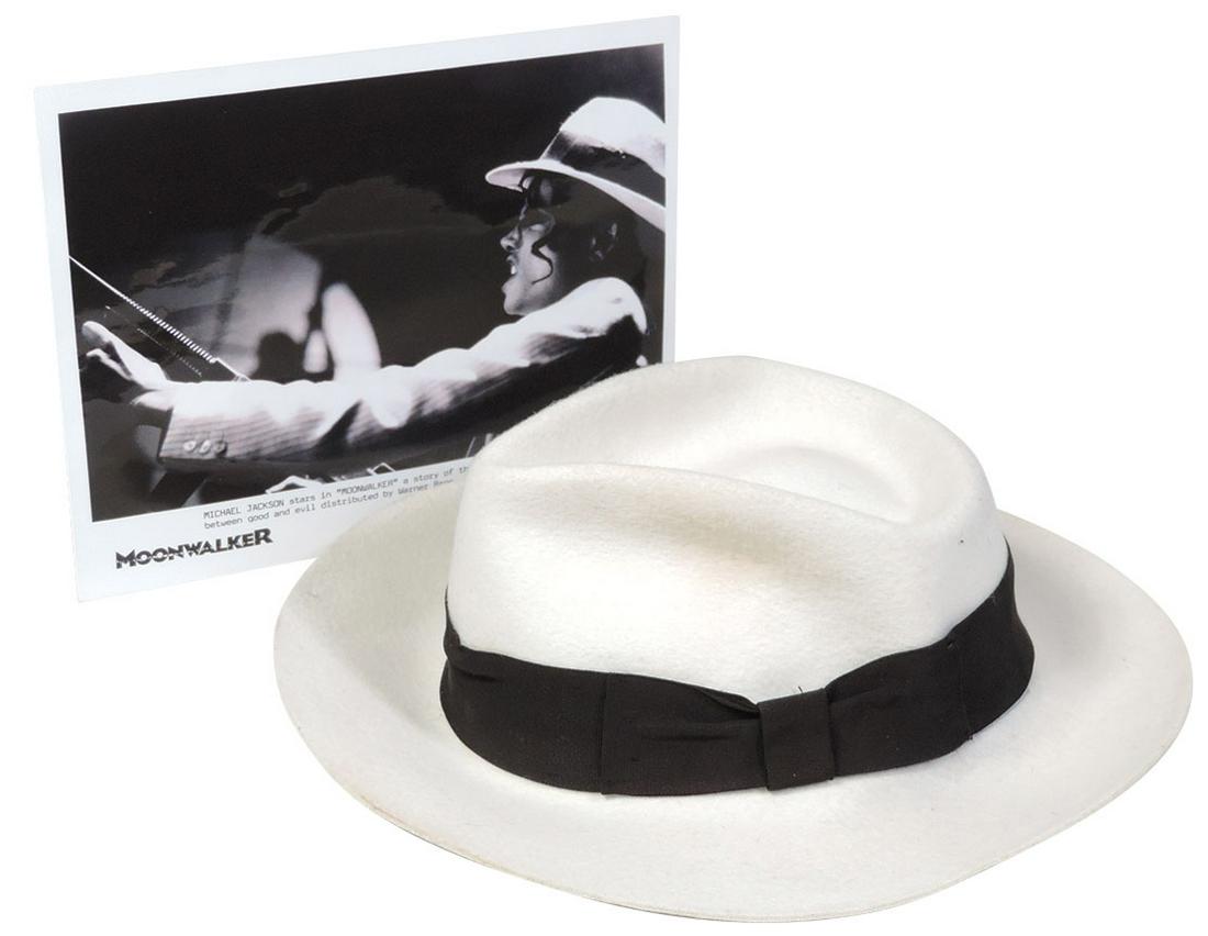 Michael Jackson Personally Owned & Worn Fedora, white: Michael Jackson Personally Owned & Worn Fedora,"Bad" World Tour 1987-89,white wool wide-brimmed fedora embossed in gold on black leather sweatband "Michael Jackson", accompanied by a letter from Rosem