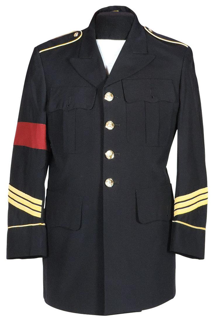 Michael Jackson Owned And Personally Worn Military: Michael Jackson Owned And Personally Worn Military Style Jacket, Black wool 4 button blazer with gold braid sleeve stripes and scarlet silk armband with "Dennis Tompkins & Michael Bush" costumers labe