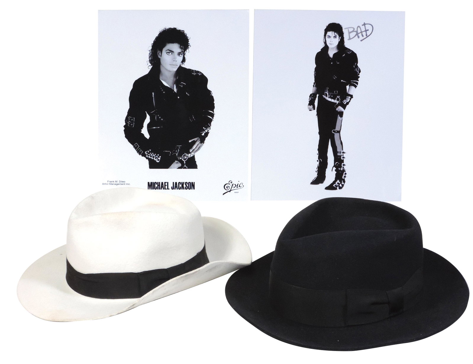 Michael Jackson Personally Owned & Worn Fedoras (2),: Michael Jackson Personally Owned & Worn Fedoras (2), black & white wide brimmed wool fedoras, each w/black leather sweatbands embossed in gold "Michael Jackson". Lot is accompanied by a letter of prov