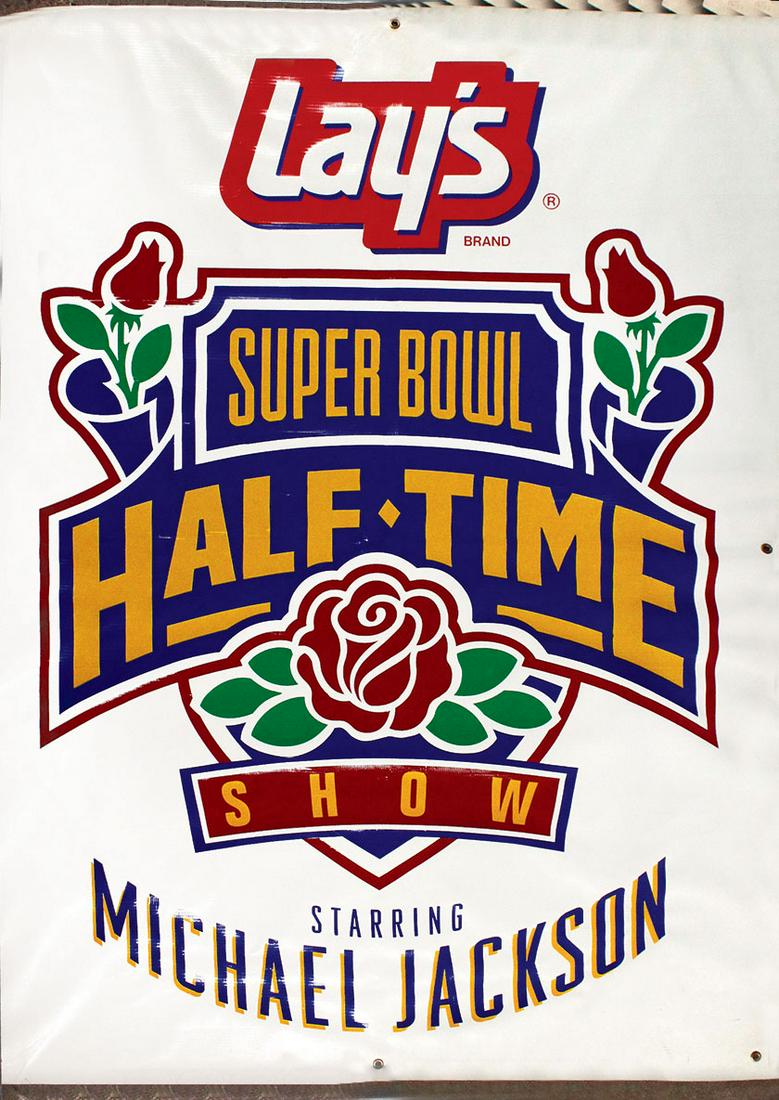 Michael Jackson Super Bowl Halftime Show Banner,: Michael Jackson Super Bowl Halftime Show Banner, January 31, 1999, Lay's sponsored halftime show performed by Jackson at the Pasadena, CA Rose Bowl Stadium during the XXVII Super Bowl. Large diecut vi