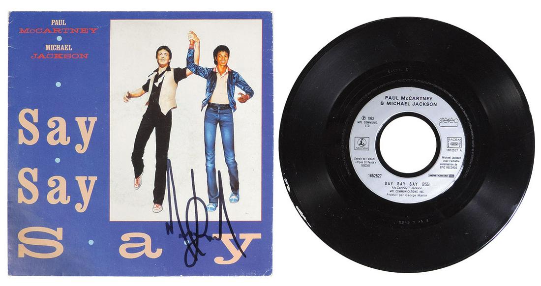 Michael Jackson Autographed "Say, Say, Say" Record: Michael Jackson Autographed "Say, Say, Say" Record Sleeve, 1983 French issue by MPL Comm., signed on obverse lower right & containing orig vinyl 45 accompanied by a Letter of Authenticity from Rare & 