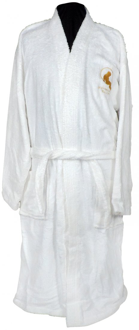 Michael Jackson Neverland Valley Memorabilia, Robe: Michael Jackson Neverland Valley Memorabilia, white plush cotton bathrobe embroidered in gold w/"Boy in Moon" logo over left breast "like new" cond & appears Large "one size fits all."