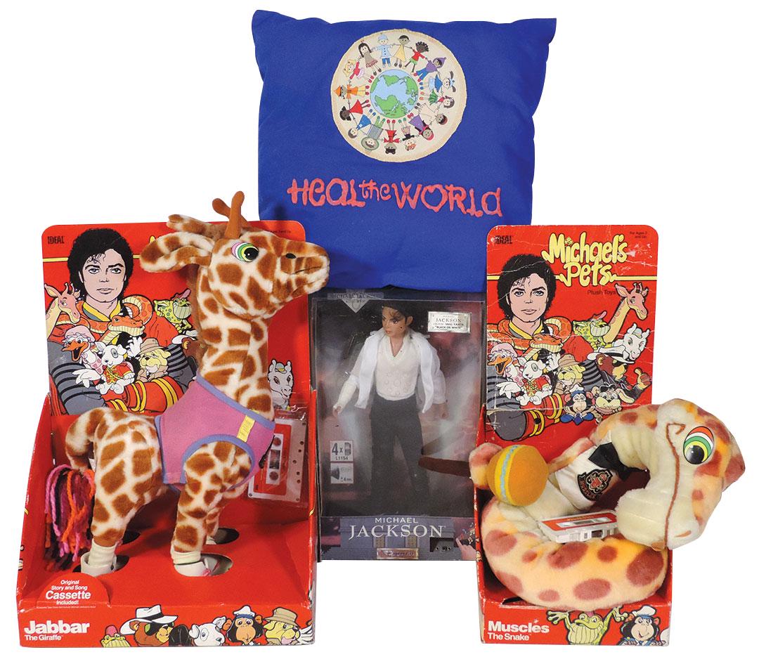 Michael Jackson Character Toys (4), MIB "Black or: Michael Jackson Character Toys (4), MIB "Black or White" singing doll, mfgd by Street Life, 2 MIB "Michael's Pets"-"Muscles"& "Jabbar", ea w/cassettes, mfgd by Ideal & "Heal the World" pillow w/stitch