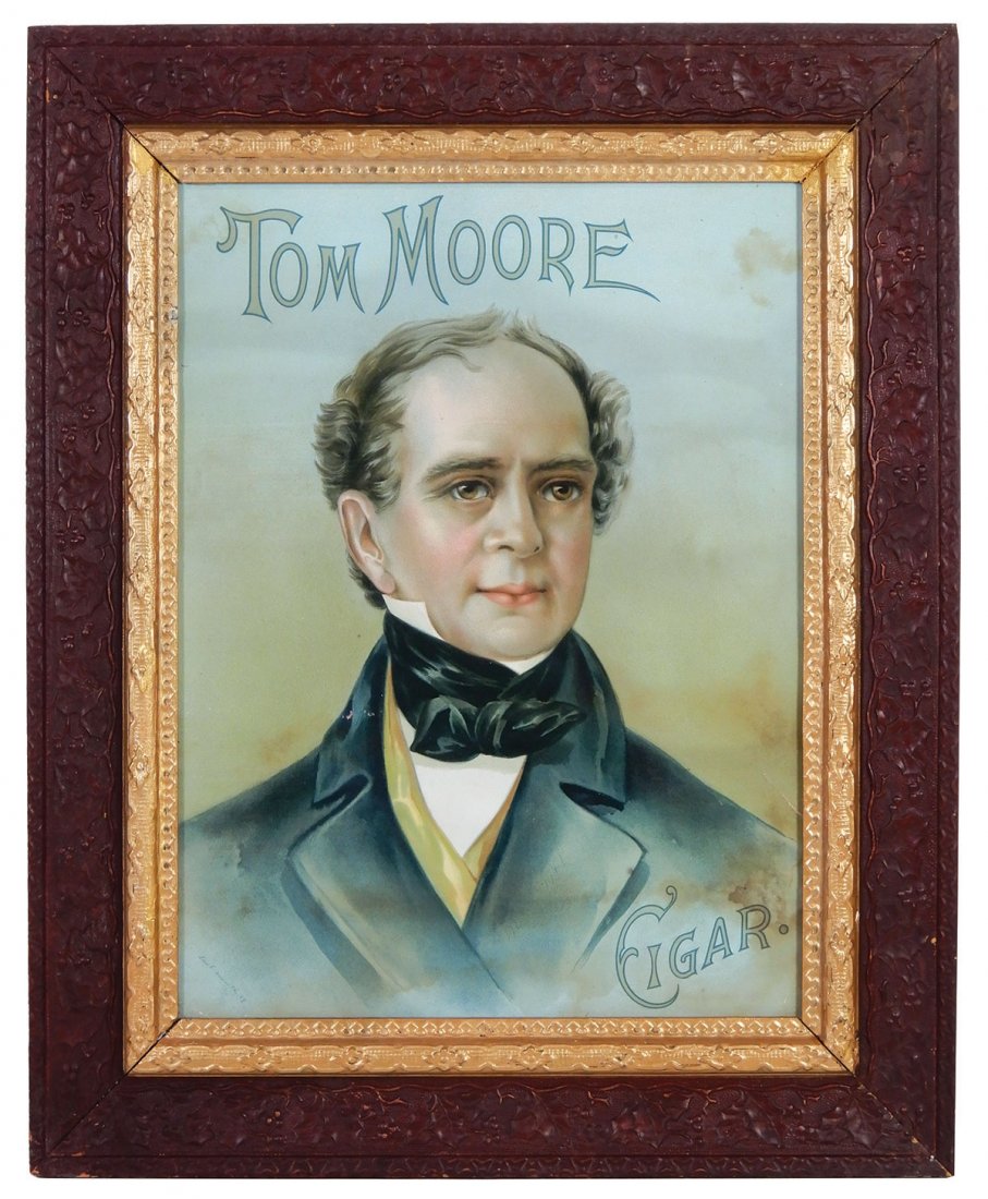 Cigar Sign, Tom Moore Cigar, litho on paper: Cigar Sign, Tom Moore Cigar, litho on paper in period Victorian frame. Portrait of Tom Moore w/bright colors, some stain in lower area, right corner & upper right. Great early cigar store piece, c.190