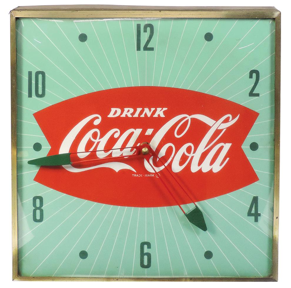 Coca-Cola Clock, square convex glass fishtail in gold (1 of 1)