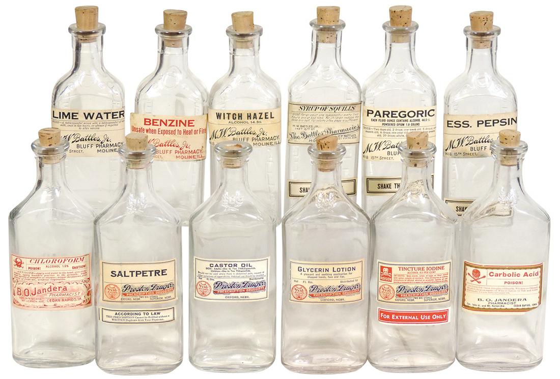 Drug Store Glass Pharmacy Bottles (12), all w/printed (1 of 1)
