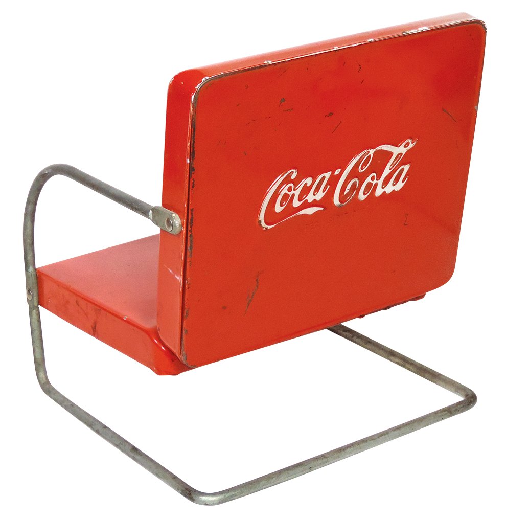 Coca-Cola Child: Coca-Cola Child's Chair, Very Rare, formed metal w/orig paint, embossed Coca-Cola on back & Reg. U.S. Pat. Off., may be a prototype as we can't locate another, c.1940s-50s, some paint wear, o/wise Exc