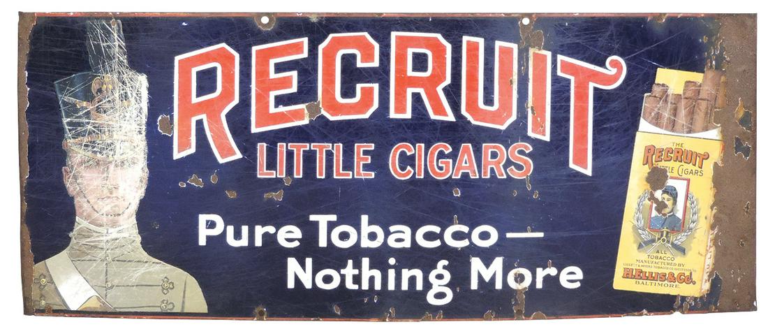 Tobacciana Sign, Recruit Little Cigars, porcelain
