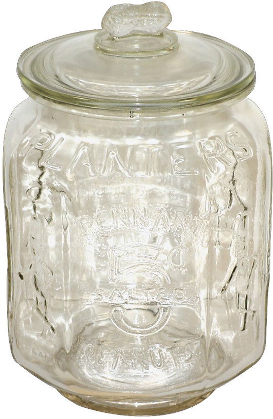 Planters Peanut octagon jar, peanut finial lid, tin: Planters Peanut octagon jar, peanut finial lid, tiny nick on lid & slight roughness on interior jar rim, overall VG condition, c.1936, 13"H.