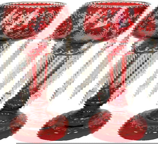 Bohemian glass mantle lusters w/cut glass prisms,: Bohemian glass mantle lusters w/cut glass prisms, intricately engraved w/leaping deer & medallion pattern, both VG condition & 10.5"H.