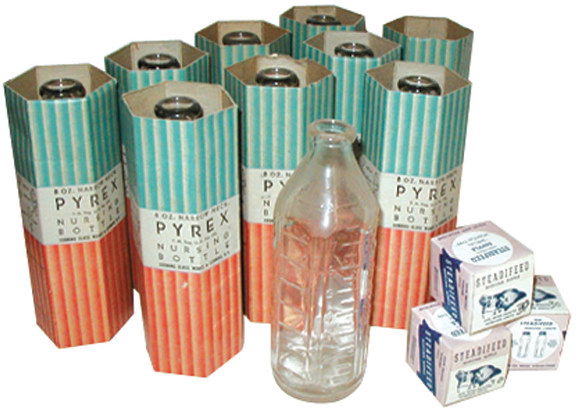New old stock nursing bottles & nipples, 9-8 oz. n: New old stock nursing bottles & nipples, 9-8 oz. narrow neck Pyrex Nursing bottles-Corning Glass, N.Y. & 3 Steadifeed nursing nipples, all Exc. condition, 6.5"H x 2.5"W.