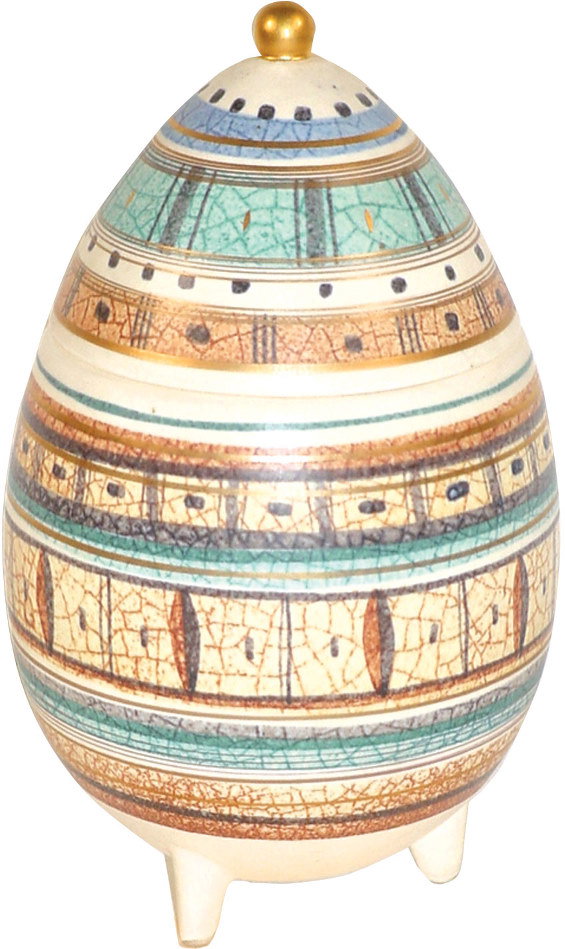 Sascha Brastoff egg-shaped covered dish, stands on