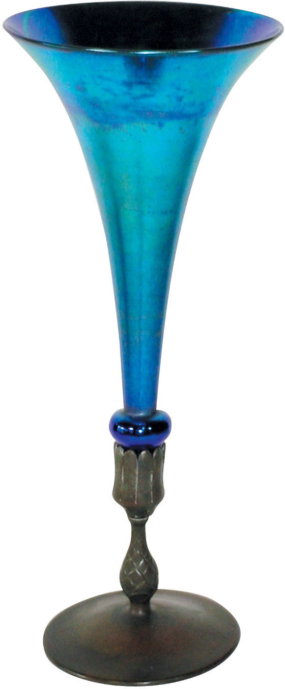 Tiffany Studios trumpet vase, base signed "Tiffany: Tiffany Studios trumpet vase, base signed "Tiffany Studios-New York-1043", blue aurene art glass insert, glass insert sits a little crooked in base, probably a marriage at one time, Exc. condition w/o