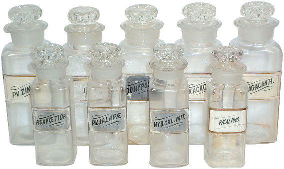 Apothecary bottles (9); 8 w/curved glass labels, m: Apothecary bottles (9); 8 w/curved glass labels, most labels have edge chips, 1 is cracked, lip on 1 bottle has chip, dated c.1890 on bottoms, 8"-10.5"H.