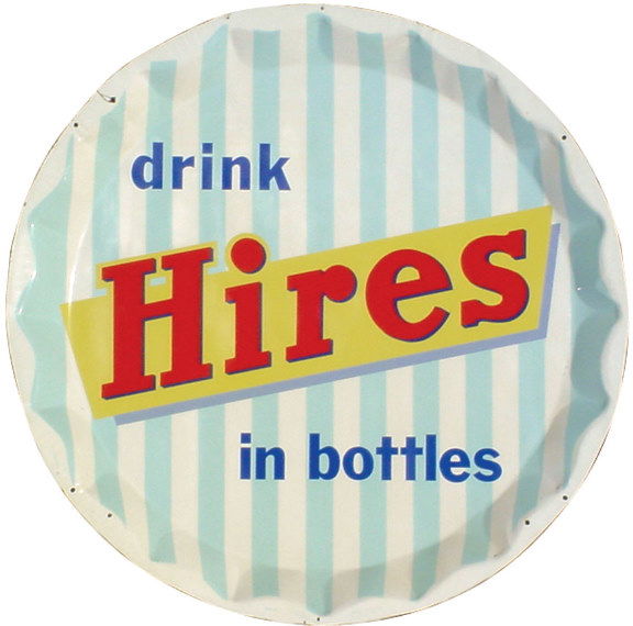 Hires Root Beer bottle cap sign, litho on embosse: Hires Root Beer bottle cap sign, litho on embossed tin, "drink Hires in bottles", c.1950's, a great sign in Excellent condition, 35"Dia.