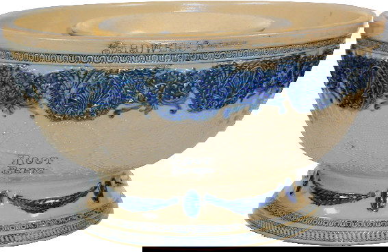 Root beer urn, Bardwell's Root Beer, flared stone: Root beer urn, Bardwell's Root Beer, flared stoneware w/center ring, cobalt trim, BPOE 934 stamped on bottom, hairline around base & along one side, otherwise Exc. condition, 11"H x 19"Dia.