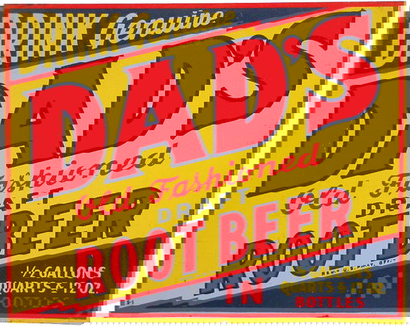 Dad's Root Beer litho on tin sign, colorful red,: Dad's Root Beer litho on tin sign, colorful red, yellow & blue sign in VG condition, 11"H x 14"W.