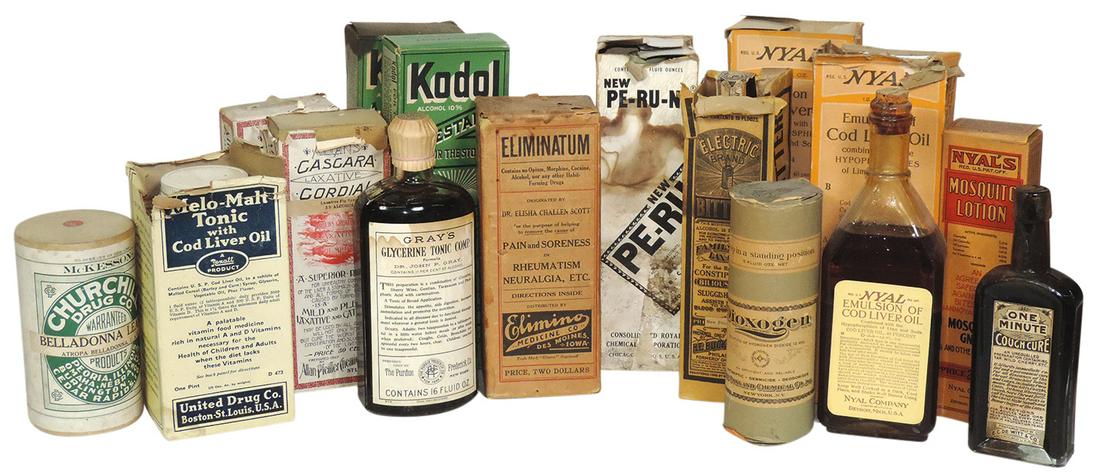 Drug Store Patent Medicines & Remedies (15), "Kodol",: Drug Store Patent Medicines & Remedies (15), "Kodol", "Nyal", "Eliminatum", "Electric Bitters", "Cascara Cordial", "Gray's" glycerin & others, most New Old Stock w/contents in orig boxes, Good to VG c