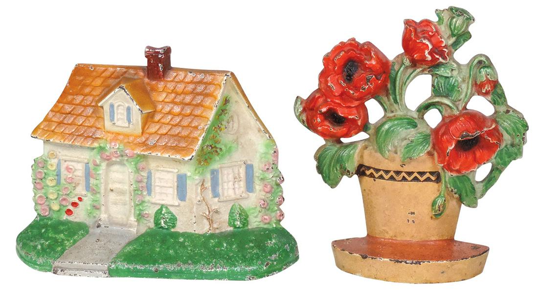 Doorstops (2), Cottage & Flower Basket, cast iron mfgd: Doorstops (2), Cottage & Flower Basket, cast iron mfgd by Hubley, the latter w/embossed mark, both VG+ cond w/orig paint, 7"H.