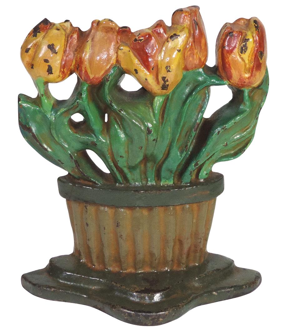 Doorstop, "Potted Tulips", cast iron, old painted: Doorstop, "Potted Tulips", cast iron, old painted finish in VG cond, 8.25"H.