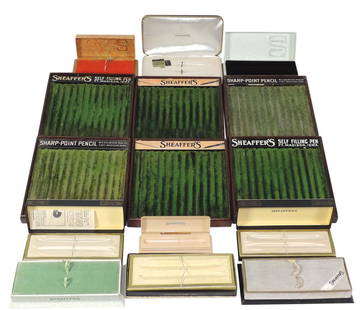 Fountain Pen Trays & Gift Boxes (15), Sheaffer, 6 wood: Fountain Pen Trays & Gift Boxes (15), Sheaffer, 6 wood display trays & 9 pen boxes (pens absent), trays Good to Exc cond, boxes Unused New Old Stock, largest 7"Sq.