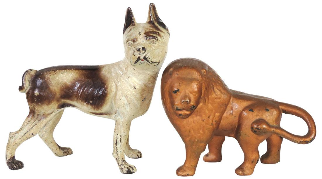 Doorstops (2), Bulldog Terrier & Lion, cast iron, mfgd (1 of 1)