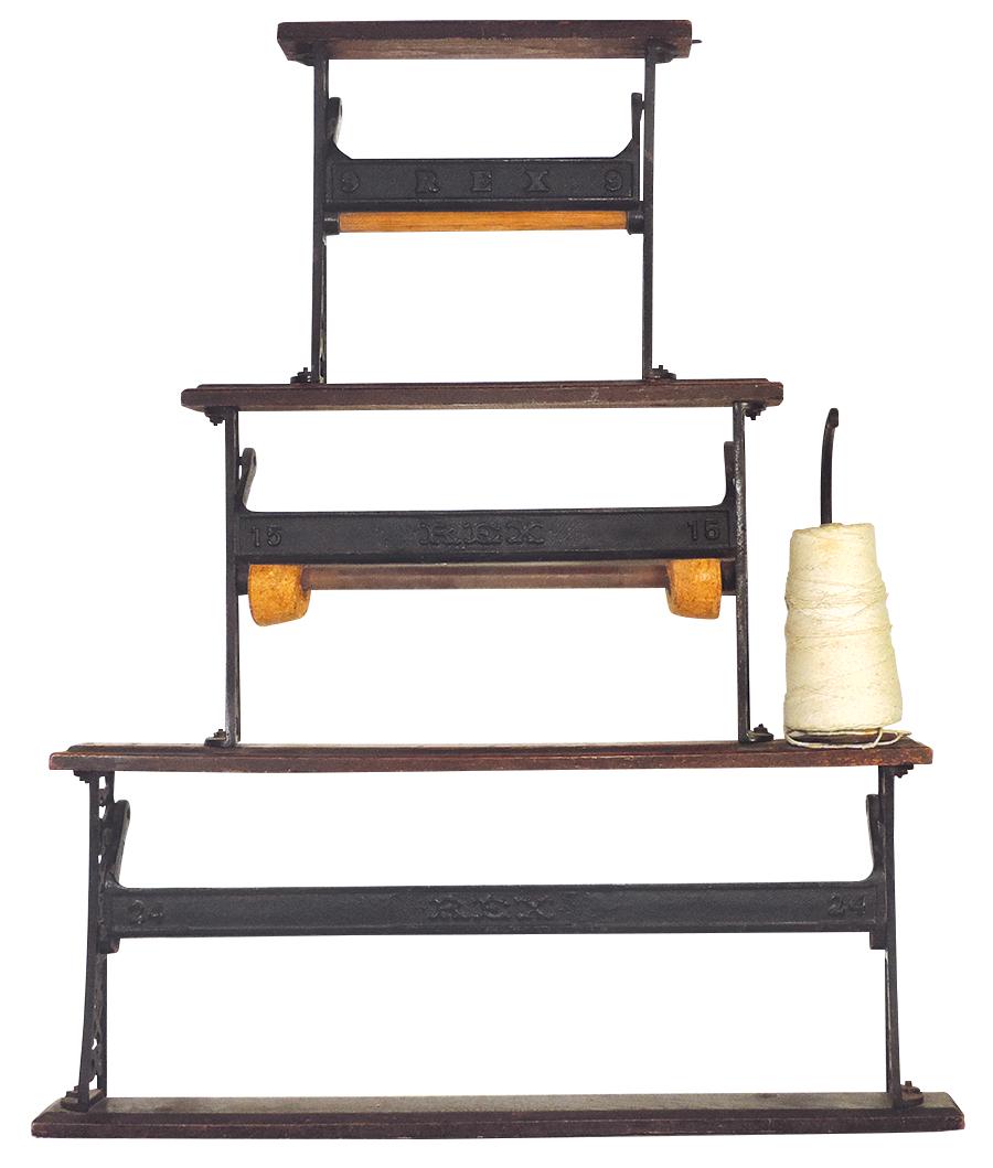 Country Store Wrapping Paper Rack, 3-tier "Rex", oak: Country Store Wrapping Paper Rack, 3-tier "Rex", oak base w/reticulated cast iron supports & cutting bars for 24", 15", & 9" paper widths & side mounted string holder, VG cond, 36"H x 30"W.