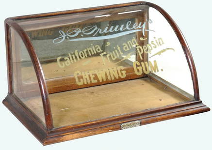 Country Store Chewing Gum Display Case, "J.P. Primley's: Country Store Chewing Gum Display Case, "J.P. Primley's California Fruit and Pepsin", oak w/curved glass front & hinged mirrored back door, mfgd by "J. Riswig-Chicago" w/orig maker's tag, VG orig cond