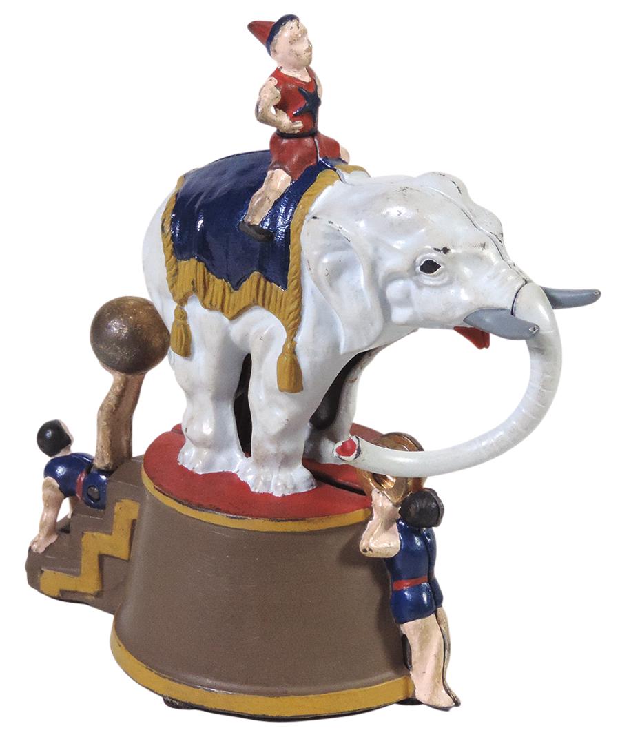 Mechanical Bank, "Elephant & 3 Clowns", mfgd by J. & E. (1 of 2)