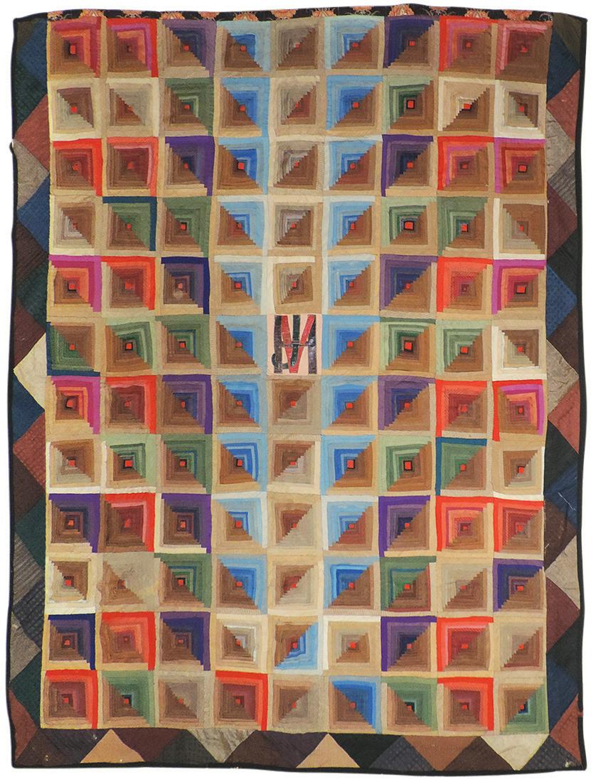 Quilt "Log Cabin", 19th C., multi-colored fabrics (1 of 2)