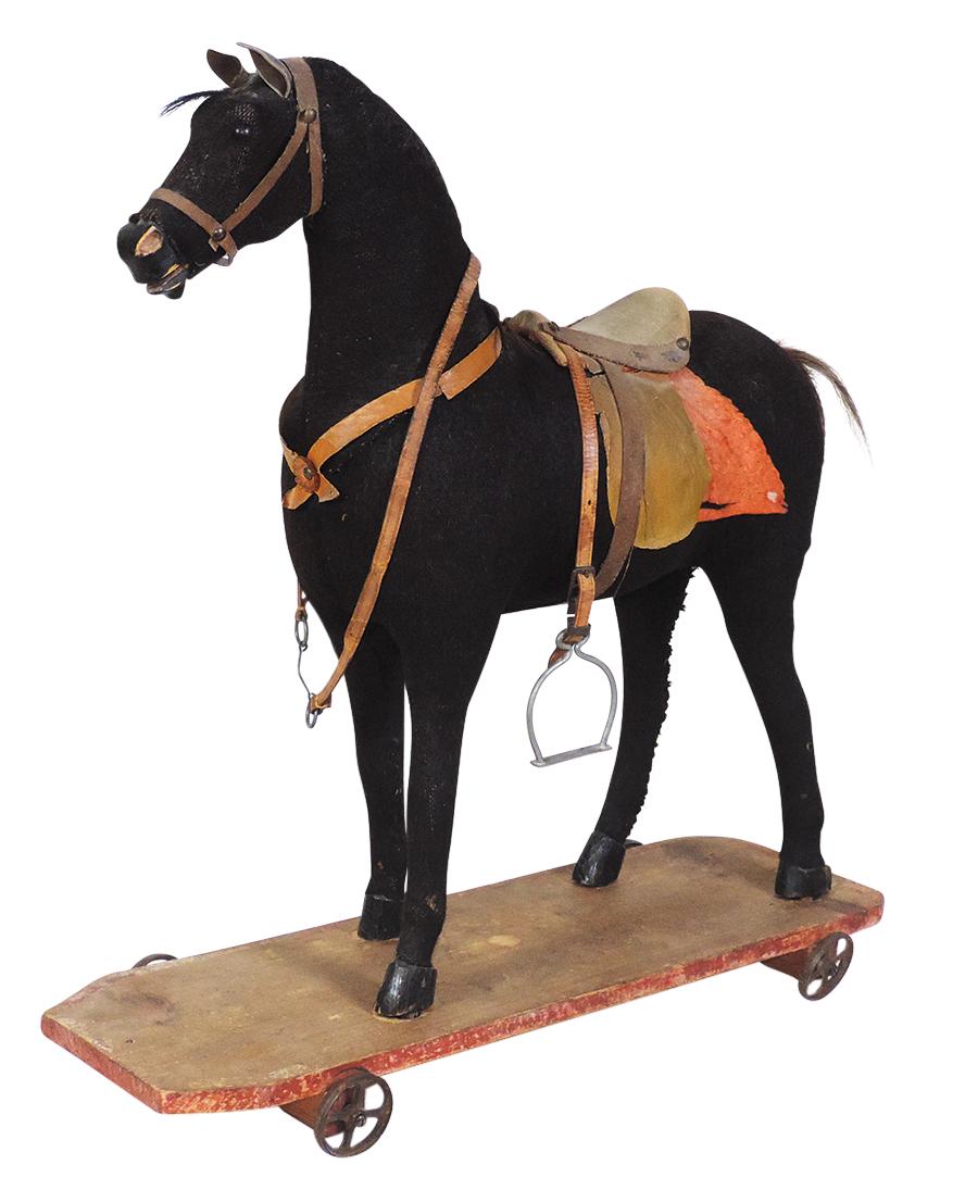Toy Pull & Ride Horse, carved wood & stuffed mohair, (1 of 1)