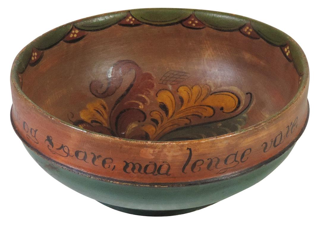 Norwegian Folk Art, carved & painted wood ale bowl,: Norwegian Folk Art, carved & painted wood ale bowl, Hallingdal, c.1880s w/large rosemal plumes on interior & poetic inscription to outer rim, Exc cond w/signs of use, 3.5"H x 8.5"Dia.
