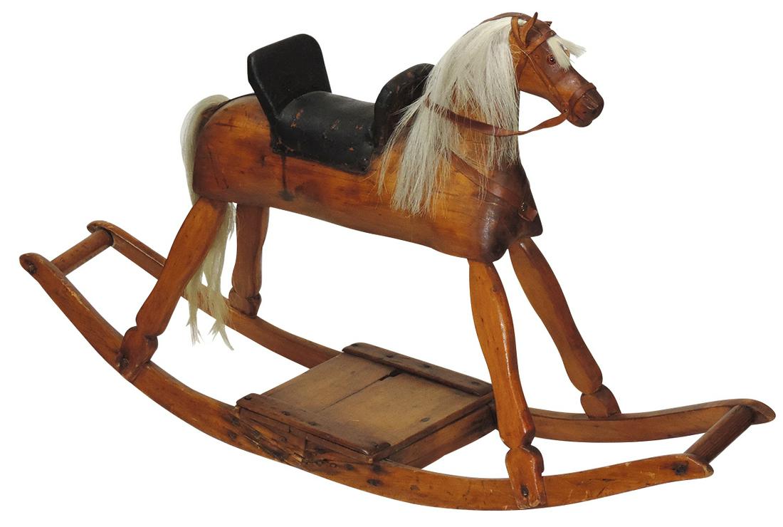 Toy Rocking Horse, Victorian, carved wood w/glass eyes,: Toy Rocking Horse, Victorian, carved wood w/glass eyes, real hair mane & tail, fixed leather saddle & natural finish, VG cond, 22"H x 38"W.