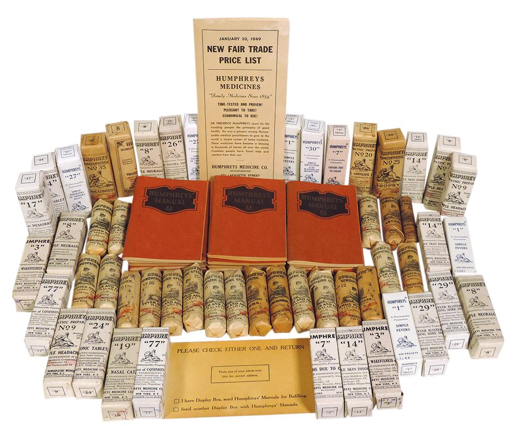 Apothecary Patent Medicines & Booklets (72),: Apothecary Patent Medicines & Booklets (72), "Humphreys" Homeopathic Preparations, a large variety of cures in New Old Stock unopened boxes & paper-wrapped bottles plus 17 manuals & price list, VG to 