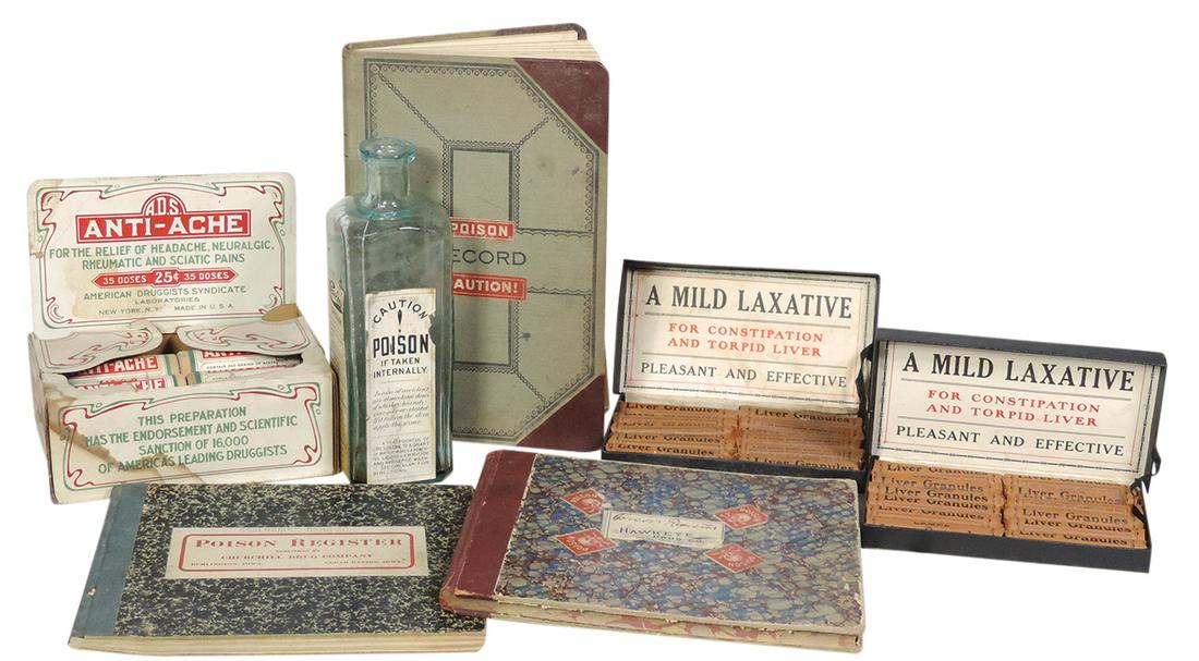 Drug Store Remedies & Poison Registers (7), Cresolene: Drug Store Remedies & Poison Registers (7), Cresolene embossed bottle, 2 New Old Stock boxed displays of "Lampe Liver Granules", A.D.S. "Anti-Ache" boxed display & 3 Drug Store "Poison Registers", c.1